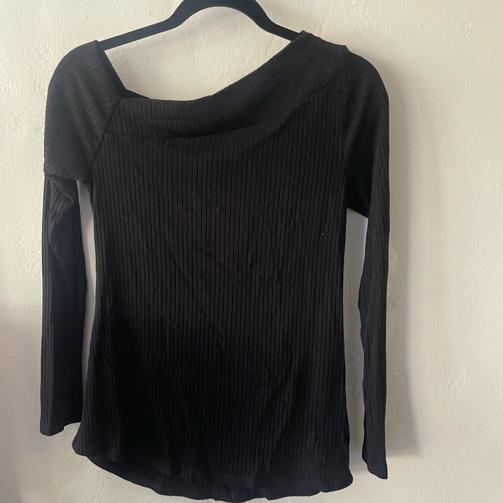 Michael Lauren Black Ribbed Asymmetrical Neckline Shirt